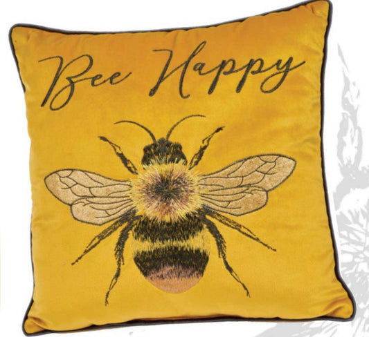 Vintage Velour Mustard Bee Happy Cushion