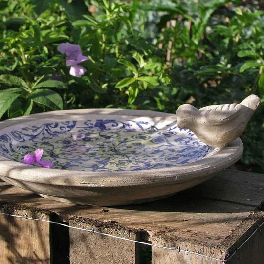 Rustic Blue & White Ceramic Bird Bath