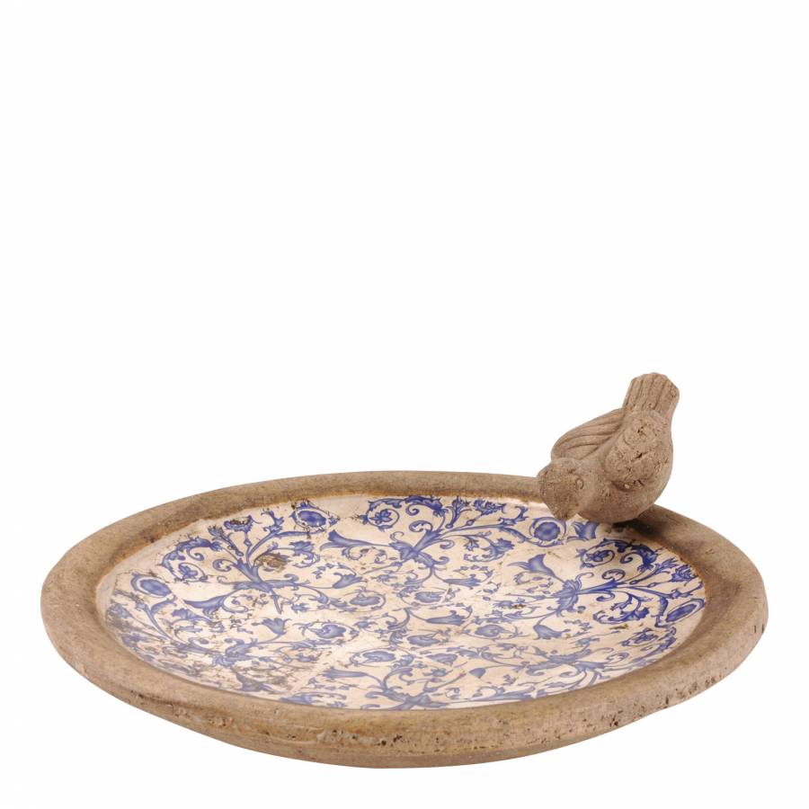 Rustic Blue & White Ceramic Bird Bath