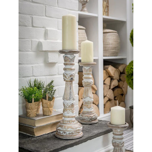 Small Wooden Limed Pillar Candlestick Holder