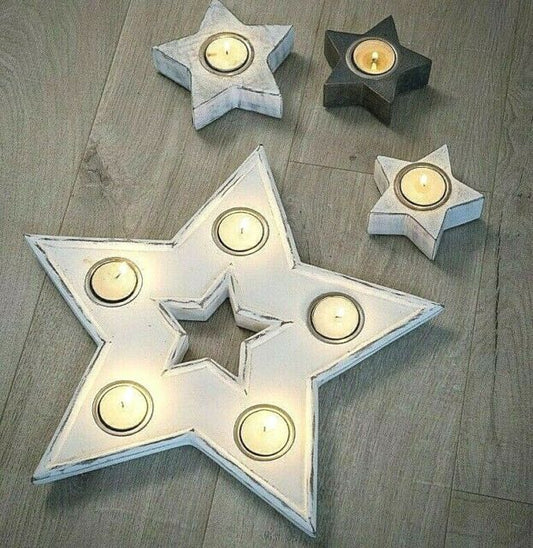 White Wooden Star Multi Tea light Holder
