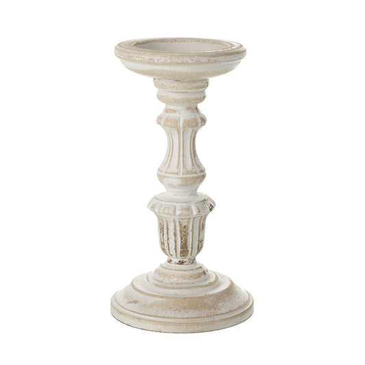 White Carved Wooden Candlestick - Medium