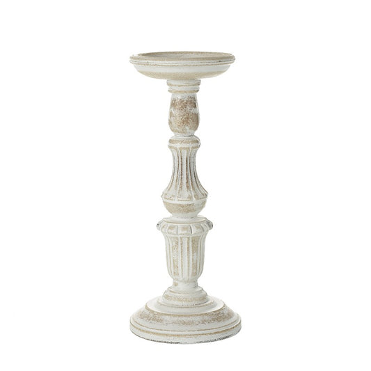 White Carved Wooden Candlestick Holder - Large